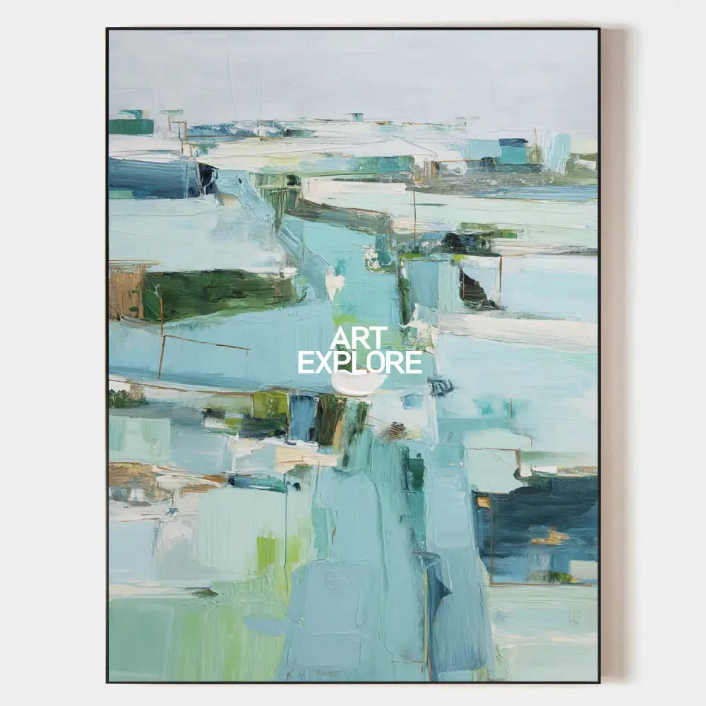 Original hand painted aqua mint abstract coastal oil painting canvas wall art, nordic scandinavian elegant luxury modern living room ho