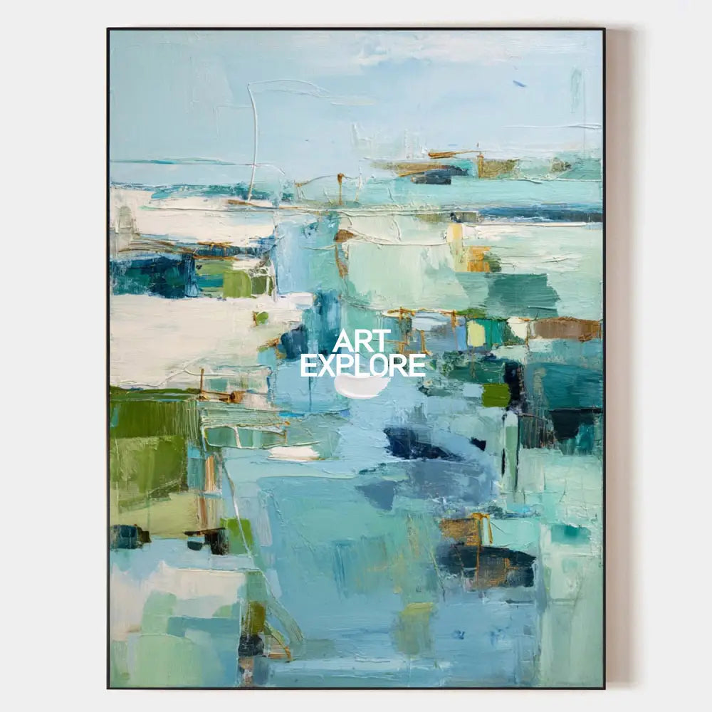 Original hand painted teal mint abstract coastal oil painting canvas wall art, nordic scandinavian elegant luxury modern living room in