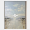 Original hand painted misty lake landscape oil painting canvas wall art, soft blue grey beige nordic scandinavian minimalist elegant lu