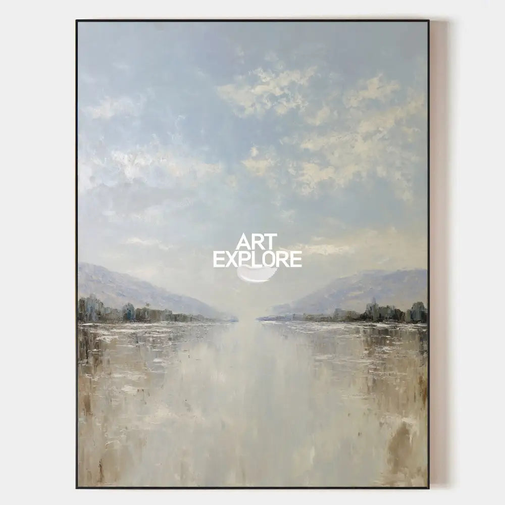 Original hand painted misty lake landscape oil painting canvas wall art, soft blue grey beige nordic scandinavian minimalist elegant lu