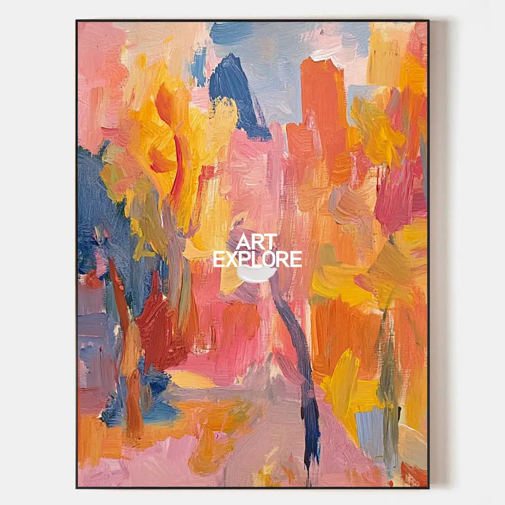 Original hand painted golden yellow coral pink navy abstract landscape oil painting canvas wall art, modern elegant luxury nordic scand