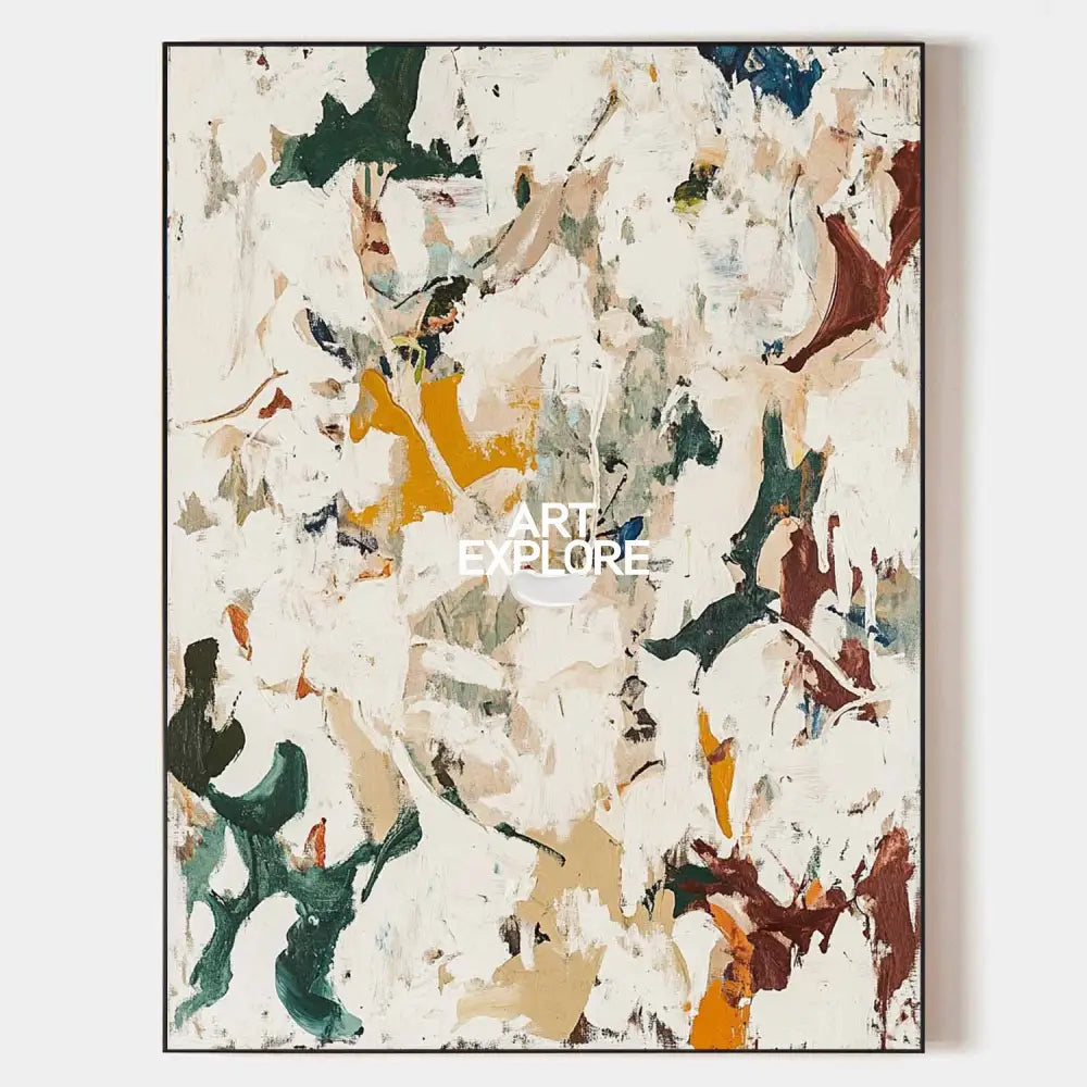 Original hand painted ivory abstract oil painting with forest green mustard burgundy brushstrokes, elegant modern nordic scandinavian l