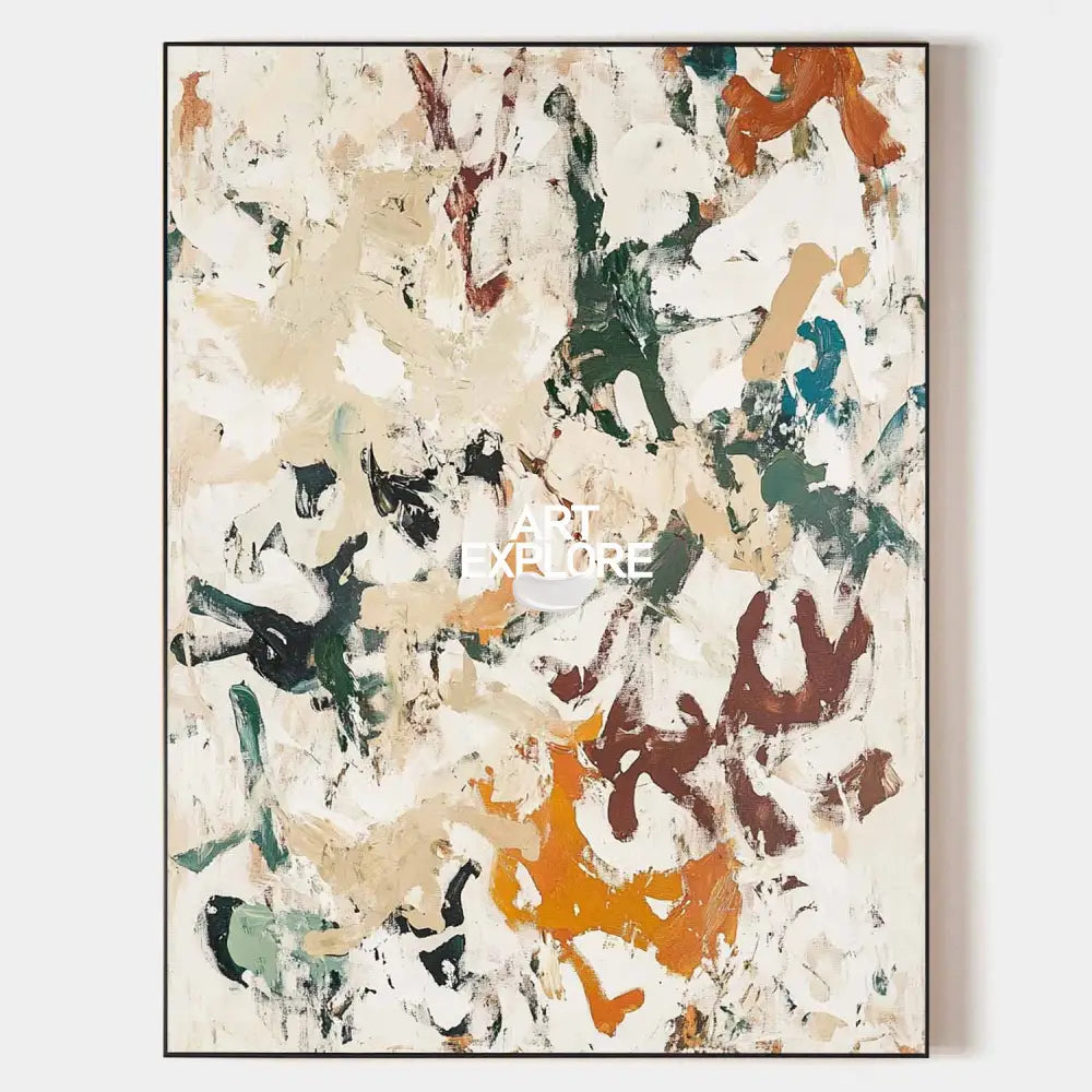 Original hand painted abstract oil painting canvas, amber orange teal burgundy green ivory brushstrokes, elegant luxury modern nordic s