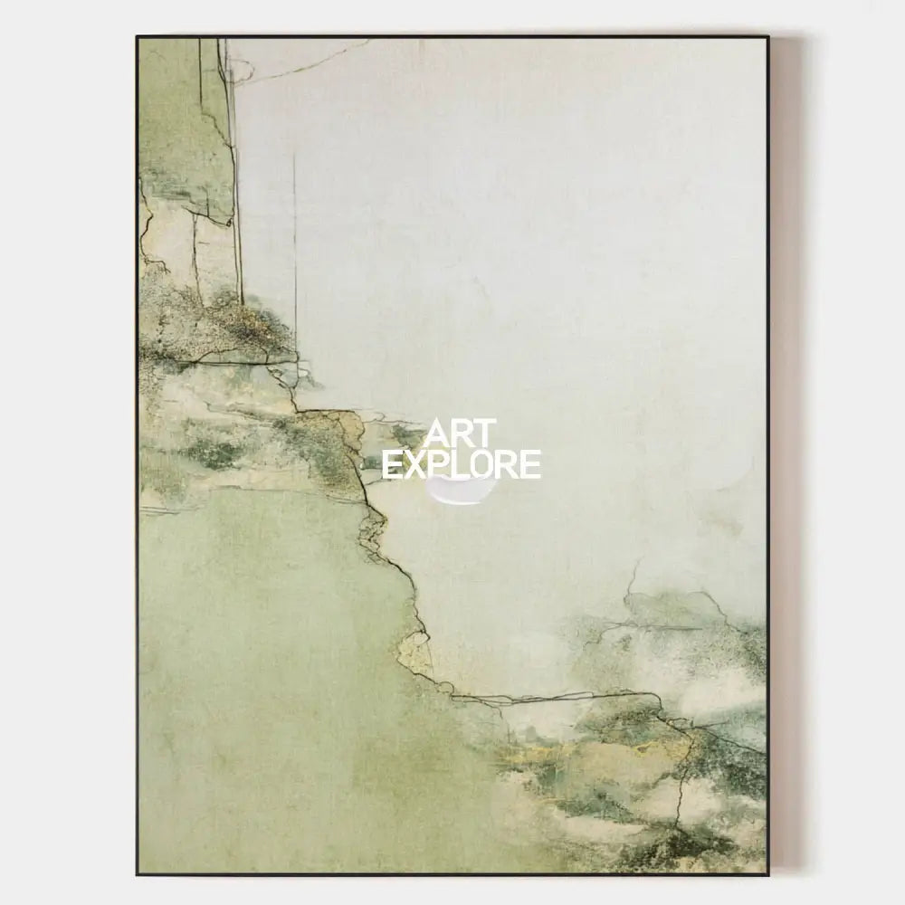 Original hand painted sage green abstract oil painting canvas wall art, cracked texture misty landscape, nordic scandinavian minimalist