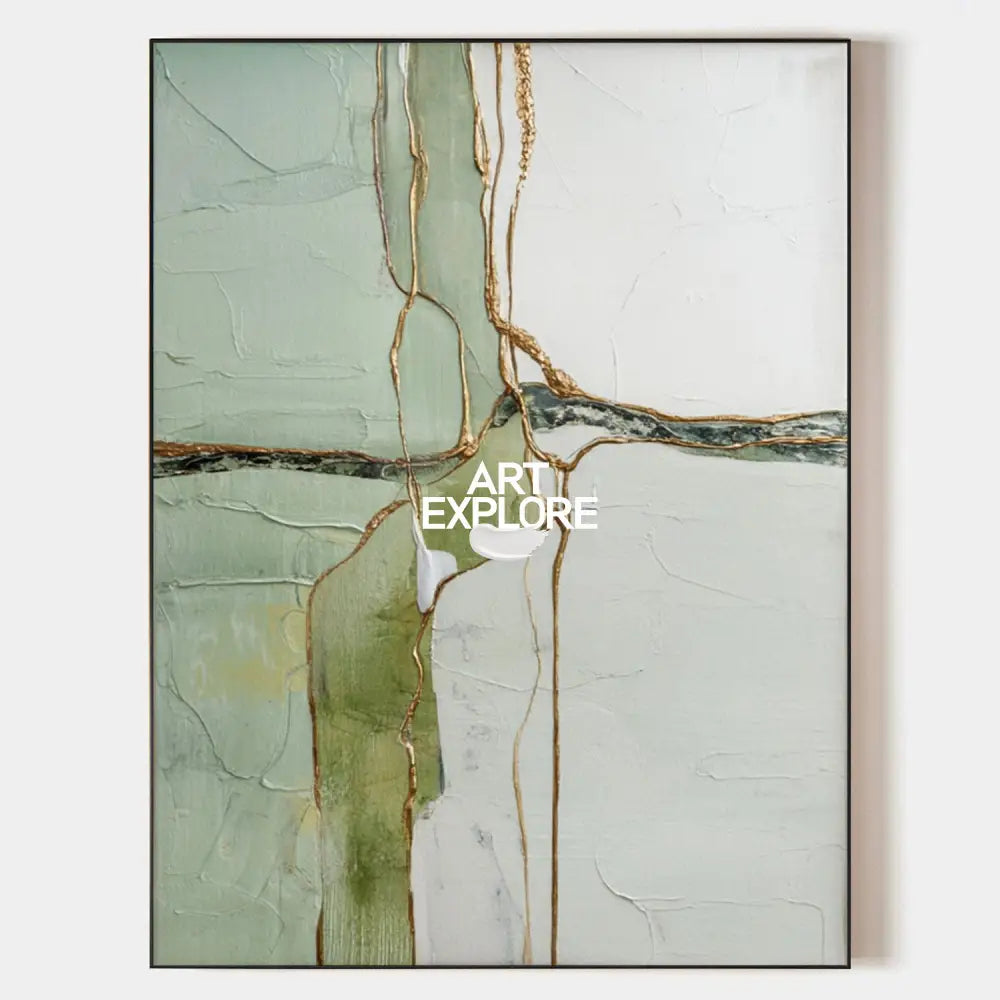 Original hand painted sage green abstract oil painting gold veined canvas wall art nordic scandinavian minimalist elegant luxury modern