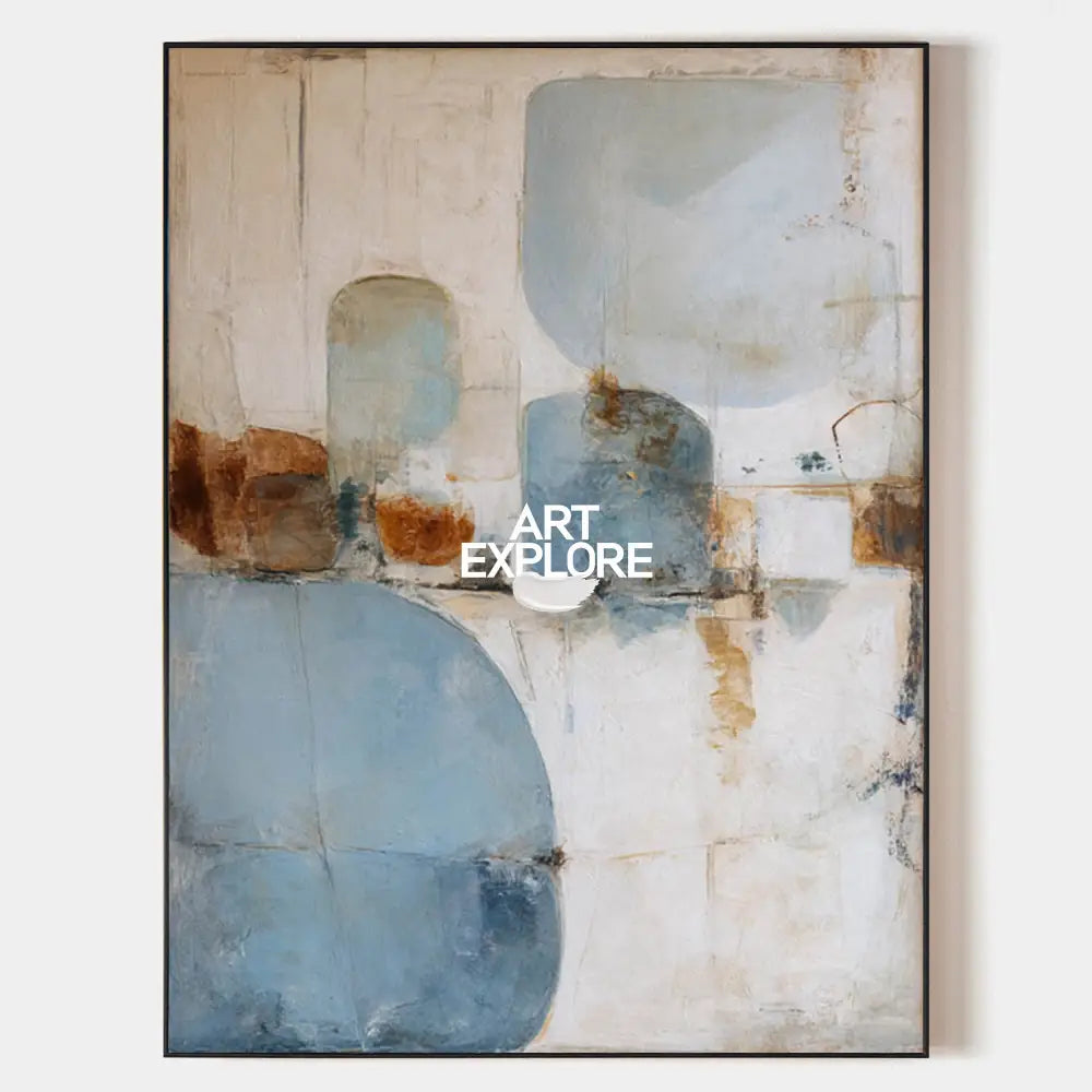 Original hand painted blue rust ivory abstract oil painting canvas, organic geometric shapes textured nordic scandinavian minimalist el