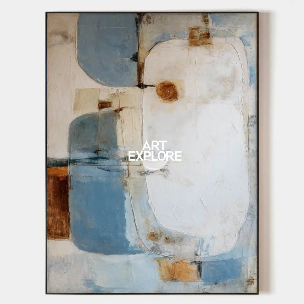 Original hand painted slate blue white rust geometric abstract oil painting canvas wall art, nordic scandinavian minimalist elegant lux