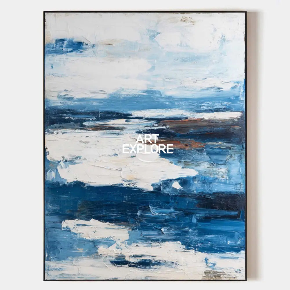 Original hand painted deep navy blue white abstract coastal oil painting canvas wall art, nordic scandinavian elegant luxury modern hom