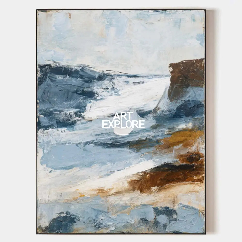 Original hand painted slate blue coastal abstract oil painting canvas wall art, nordic scandinavian elegant luxury modern living room h