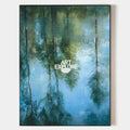 Original hand painted teal blue abstract forest reflection oil painting canvas wall art, nordic scandinavian elegant luxury modern livi