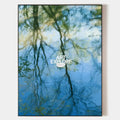 Original hand painted teal blue water reflection abstract oil painting canvas wall art, nordic scandinavian elegant luxury modern livin