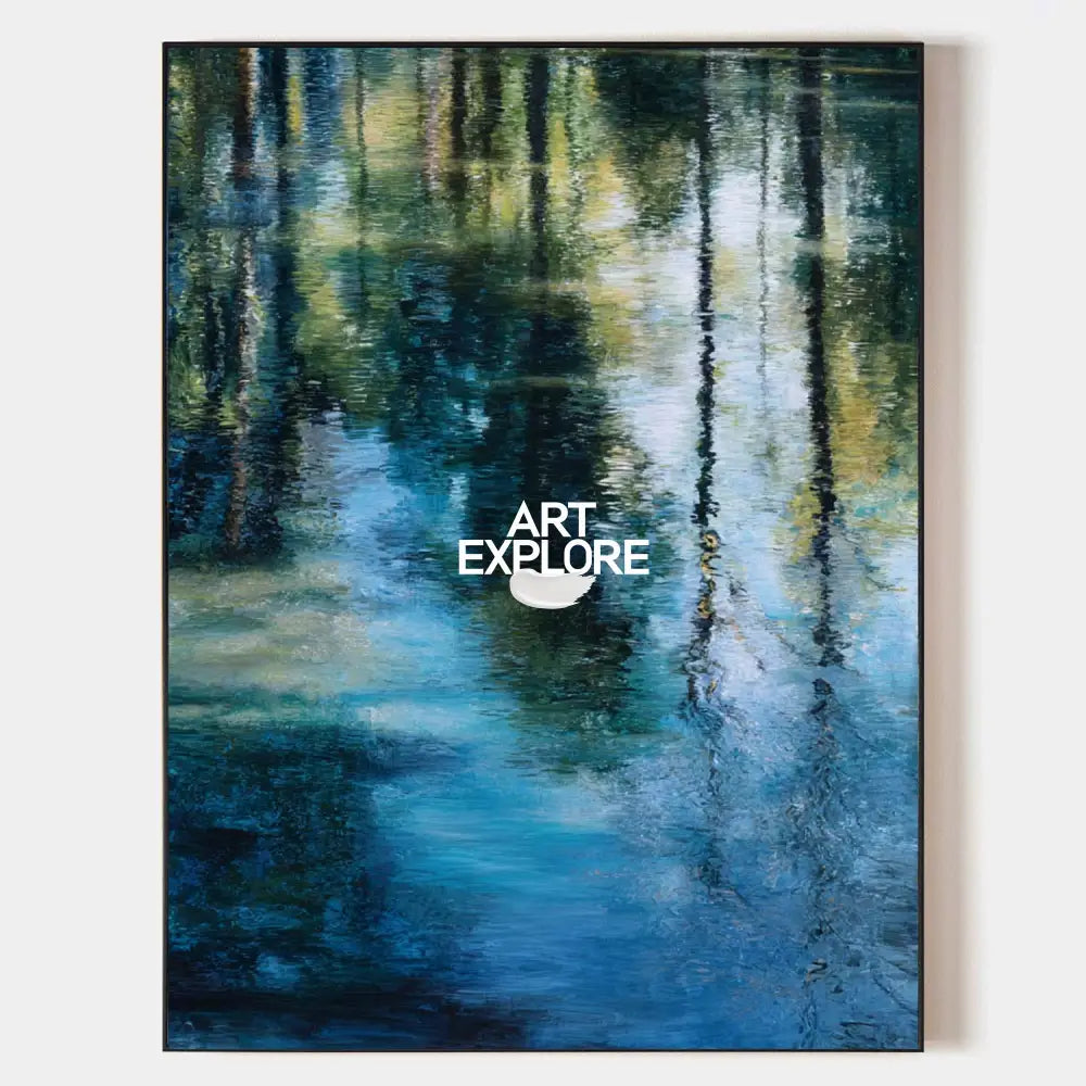 Original hand painted teal blue abstract forest reflection oil painting canvas wall art, nordic scandinavian elegant luxury modern livi