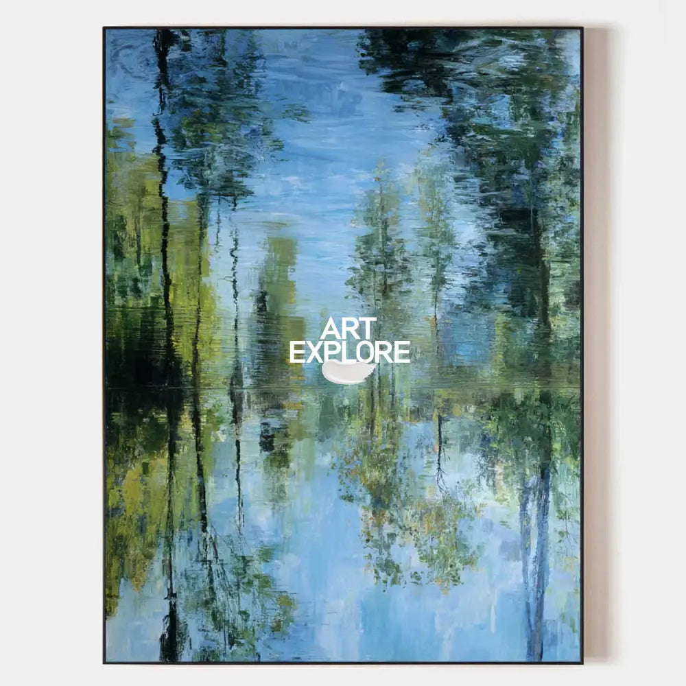 Original hand painted teal blue green abstract forest reflection oil painting canvas wall art, nordic scandinavian elegant luxury moder