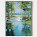Original hand painted teal green forest lake oil painting canvas wall art, elegant luxury modern coastal nordic scandinavian living roo