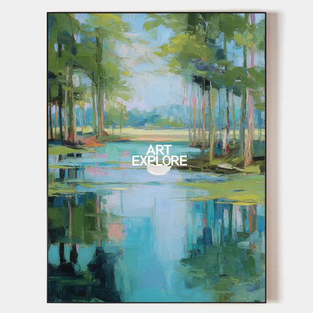 Original hand painted teal green forest lake oil painting canvas wall art, elegant luxury modern coastal nordic scandinavian living roo