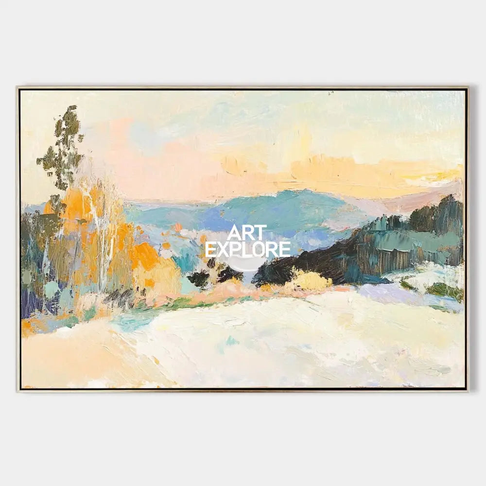 Original hand painted winter landscape oil painting, soft ivory snow, golden trees, teal mountains, elegant nordic scandinavian luxury