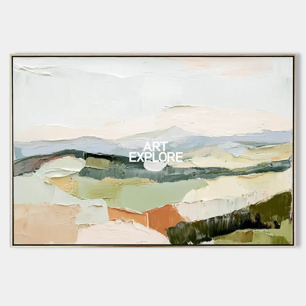 Original hand painted sage green blush abstract landscape oil painting canvas wall art, nordic scandinavian minimalist elegant luxury m