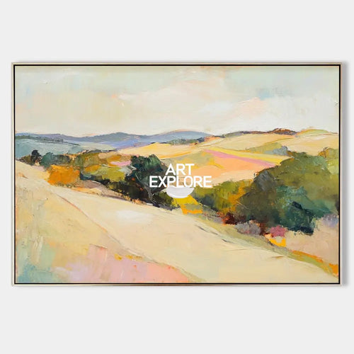 Original hand painted golden valley landscape oil painting canvas wall art, vintage elegant luxury modern nordic scandinavian living ro