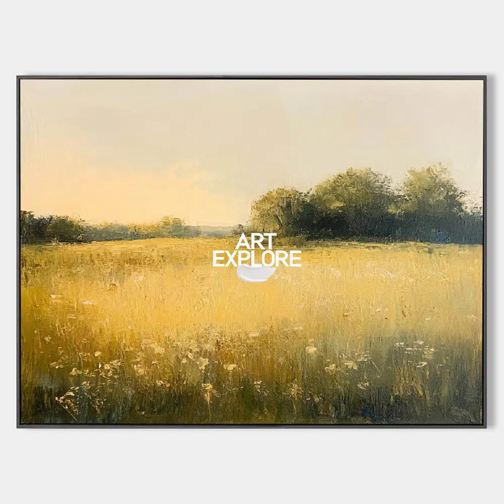 Original hand painted golden meadow wildflower landscape oil painting canvas wall art, vintage elegant luxury nordic scandinavian moder
