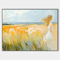 Original hand painted golden wheat field oil painting canvas wall art, woman in white dress, coastal elegant luxury modern scandinavian