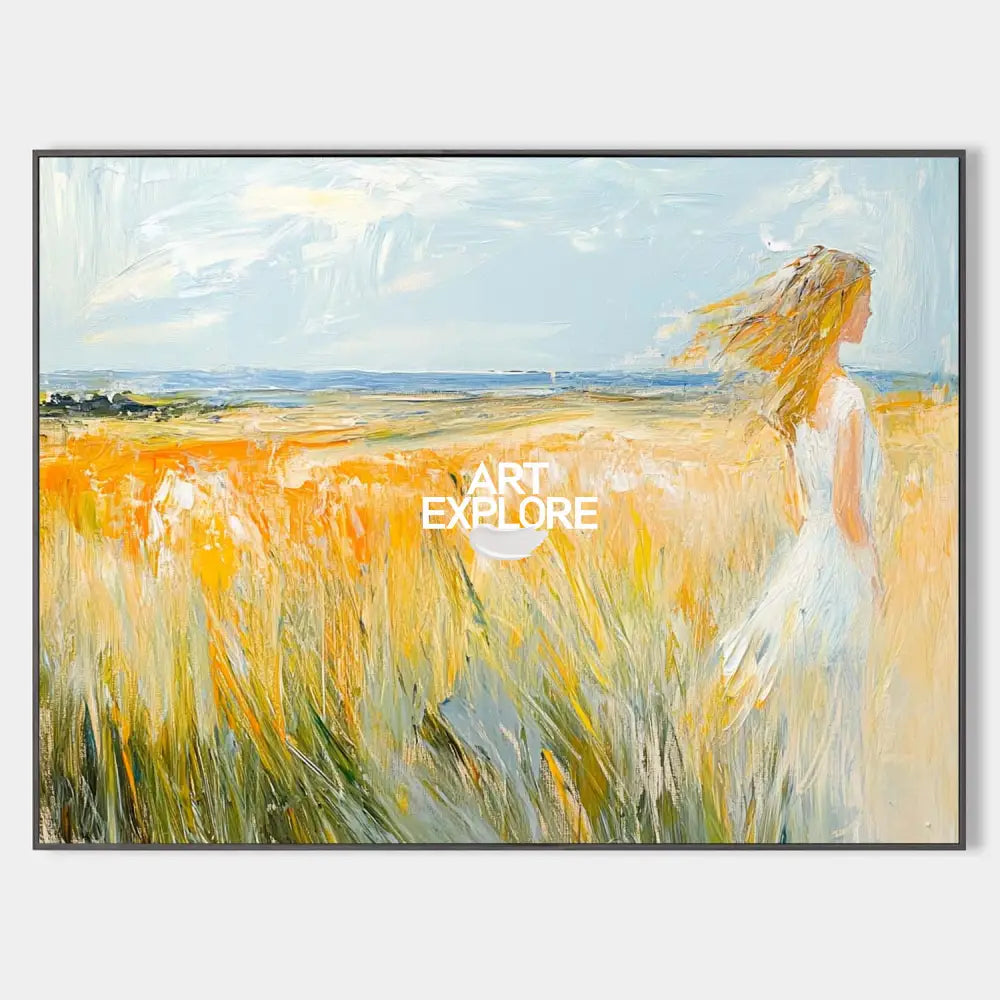 Original hand painted golden wheat field oil painting canvas wall art, woman in white dress, coastal elegant luxury modern scandinavian