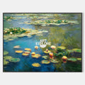 Original hand painted blue green water lilies pond oil painting canvas wall art, elegant luxury vintage botanical modern living room ho