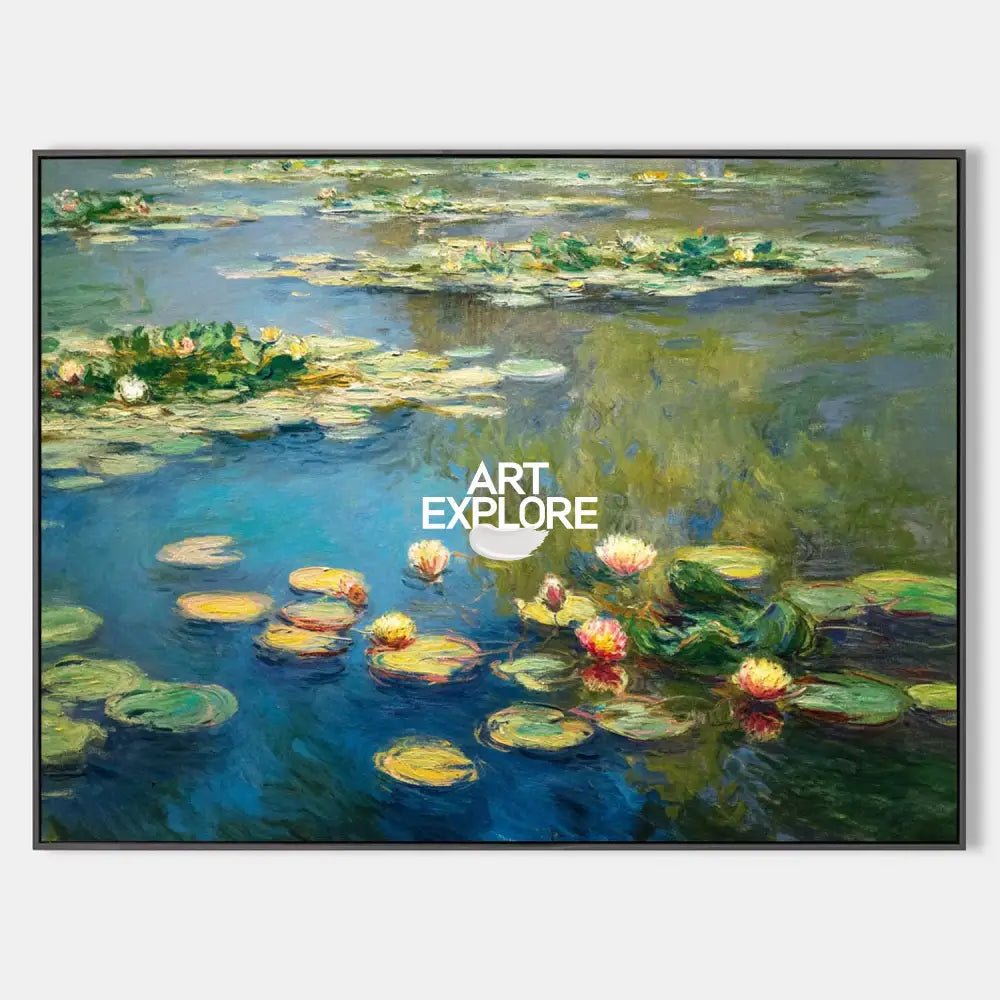 Original hand painted blue green water lilies pond oil painting canvas wall art, elegant luxury vintage botanical modern living room ho
