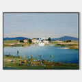 Original hand painted teal coastal landscape oil painting canvas, wildflowers village mountains, elegant luxury modern nordic scandinav
