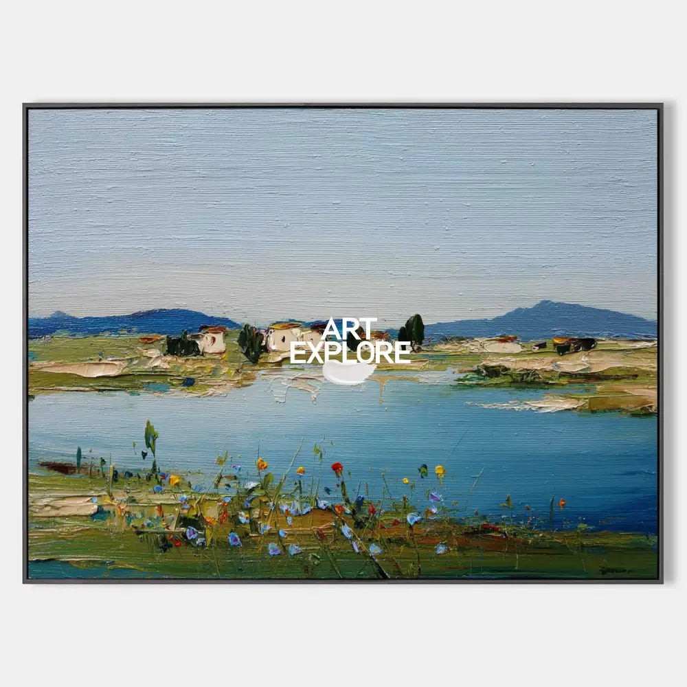 Original hand painted teal coastal landscape oil painting canvas, wildflowers village mountains, elegant luxury modern nordic scandinav