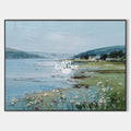 Original hand painted coastal oil painting, misty blue inlet wildflowers green meadow hills, elegant nordic scandinavian luxury modern