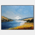 Original hand painted coastal river oil painting, golden amber valley blue water mountains sky, elegant luxury modern nordic scandinavi