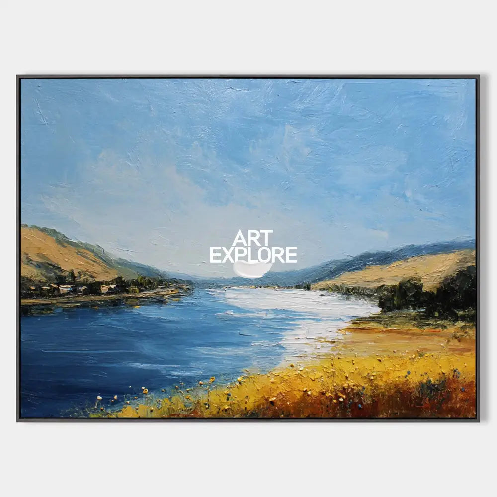 Original hand painted coastal river oil painting, golden amber valley blue water mountains sky, elegant luxury modern nordic scandinavi