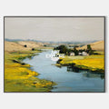 Original hand painted golden valley river landscape oil painting canvas wall art, bold textured brushwork, elegant modern nordic luxury