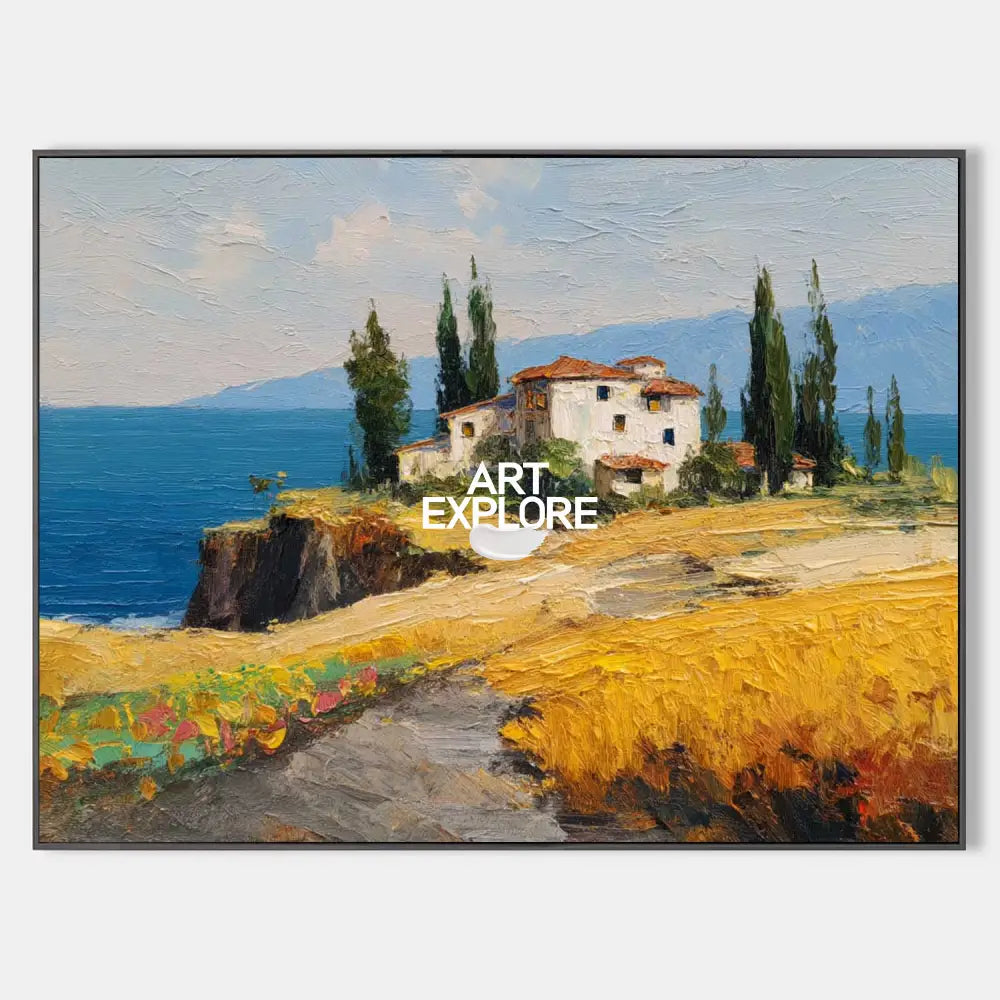 Original hand painted golden coastal Mediterranean villa oil painting canvas wall art, elegant luxury modern coastal home decor interio