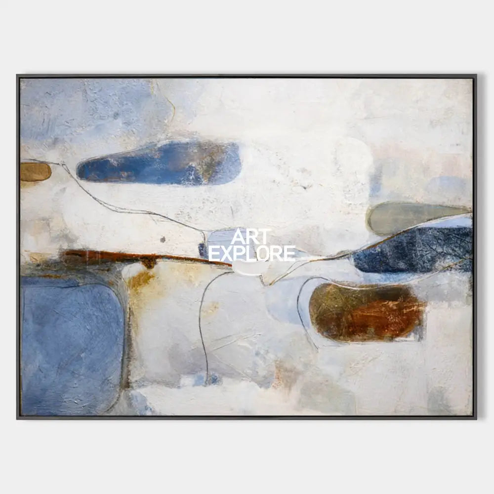 Original hand painted blue ivory abstract oil painting canvas wall art, nordic scandinavian minimalist elegant luxury modern living roo