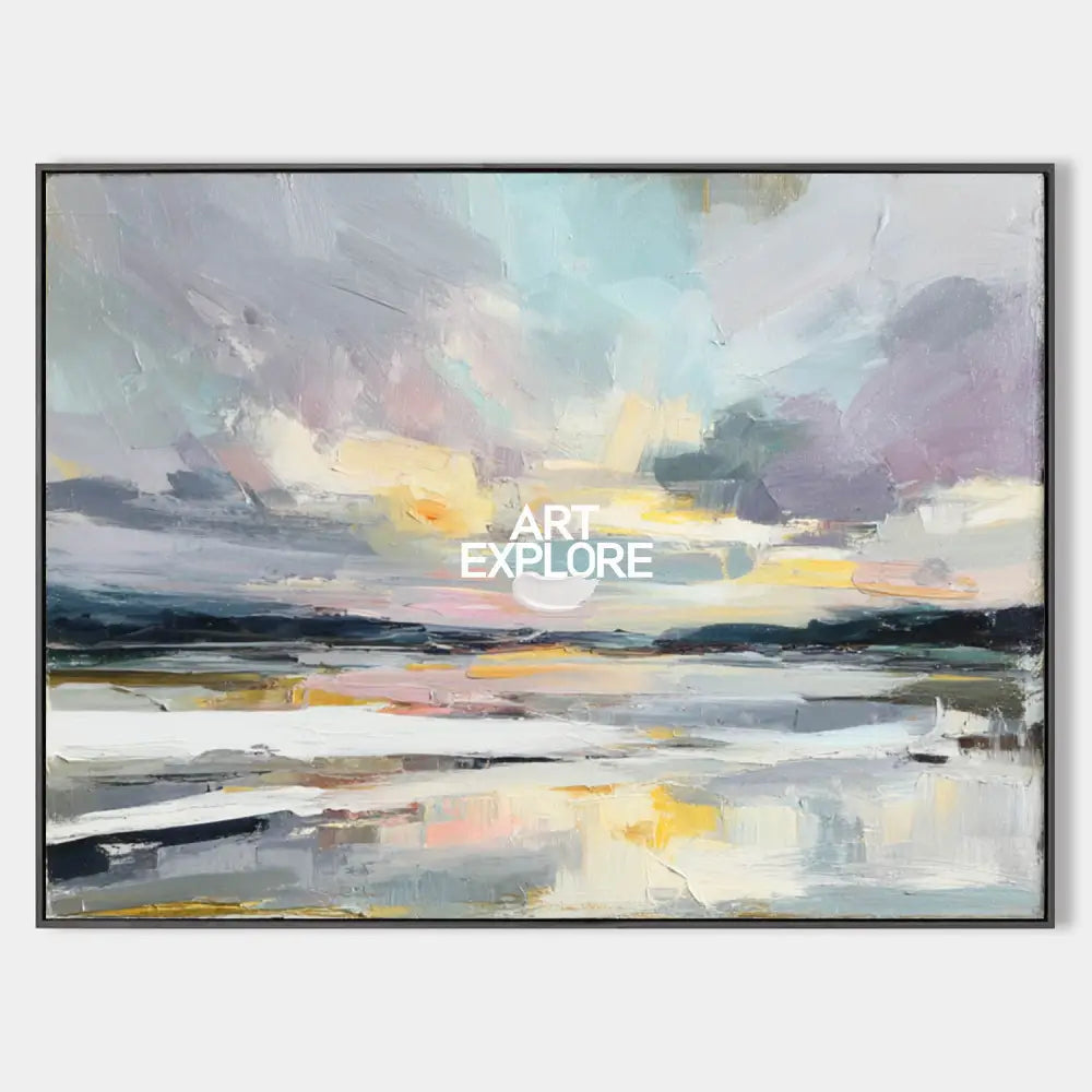 Original hand painted coastal abstract oil painting, lavender grey gold dusk sky canvas wall art, nordic scandinavian elegant luxury mo