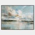 Original hand painted coastal abstract oil painting, pale blue sky billowing clouds still water reflection, elegant luxury nordic scand
