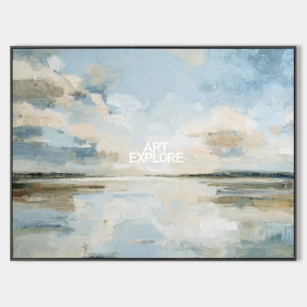 Original hand painted coastal abstract oil painting, soft blue cream reflective water sky clouds, elegant scandinavian nordic luxury mo