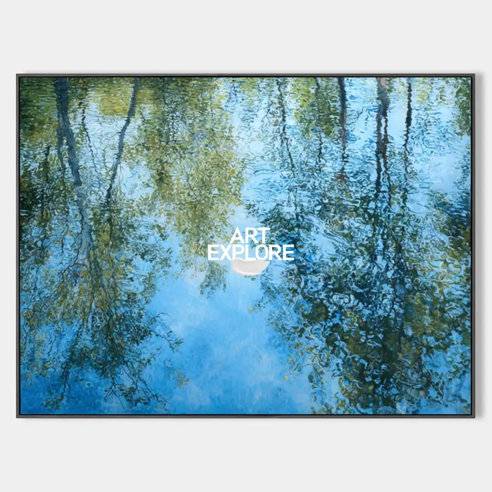 Original hand painted teal blue green water reflection oil painting canvas wall art, nordic scandinavian elegant luxury modern coastal