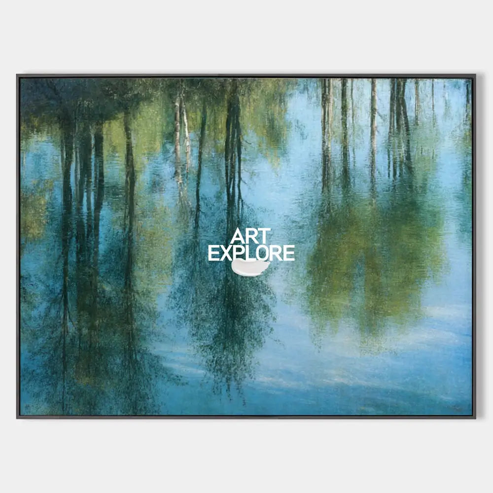 Original hand painted teal blue green forest water reflection oil painting canvas wall art, nordic scandinavian elegant luxury modern l