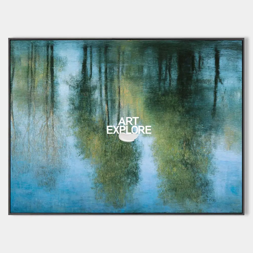 Original hand painted teal blue green forest reflection abstract oil painting canvas wall art, nordic scandinavian elegant luxury moder