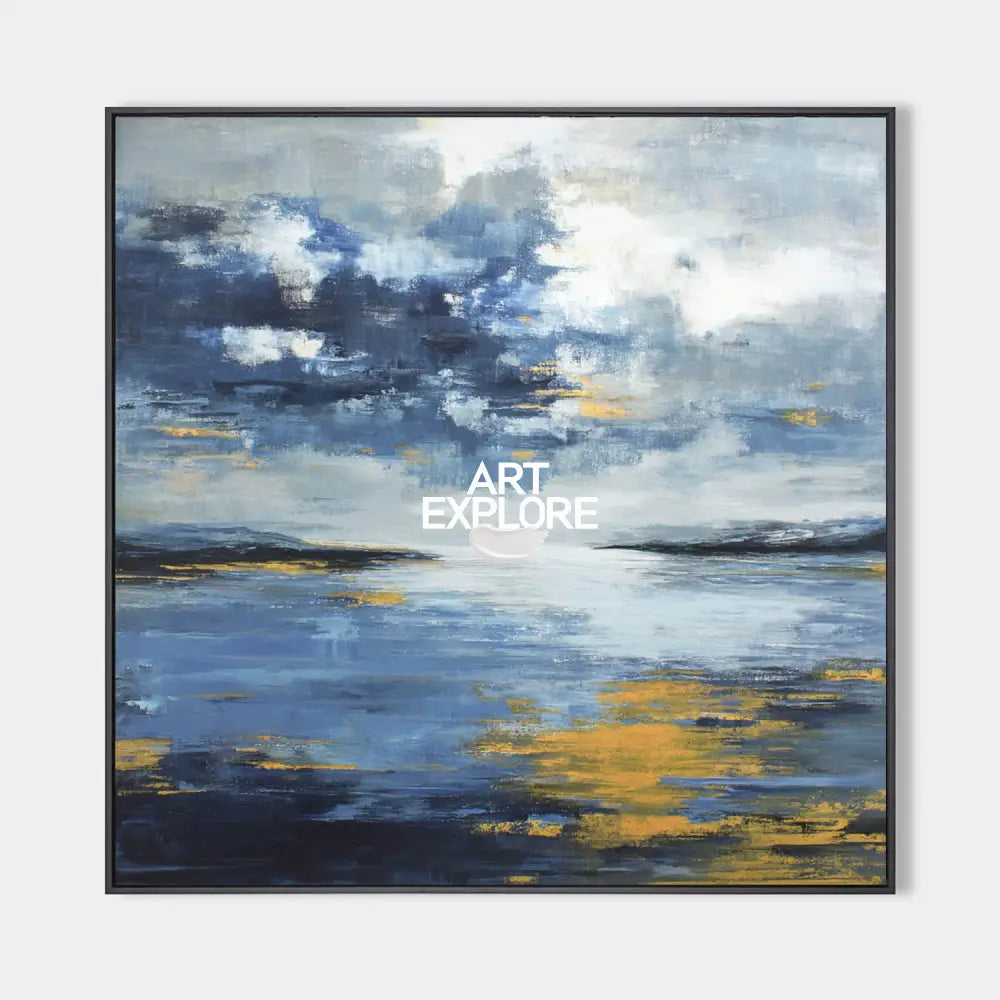 Original hand painted navy blue gold abstract coastal oil painting canvas wall art, modern nordic scandinavian elegant luxury living ro