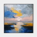 Original hand painted bold abstract coastal oil painting, blue golden sunset marsh landscape, elegant luxury modern nordic scandinavian