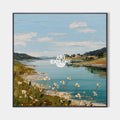 Original hand painted teal coastal landscape oil painting canvas wall art, wildflowers, nordic scandinavian elegant luxury modern home
