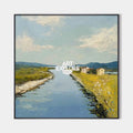 Original hand painted coastal river oil painting canvas, blue canal golden fields white farmhouse, elegant luxury modern nordic scandin