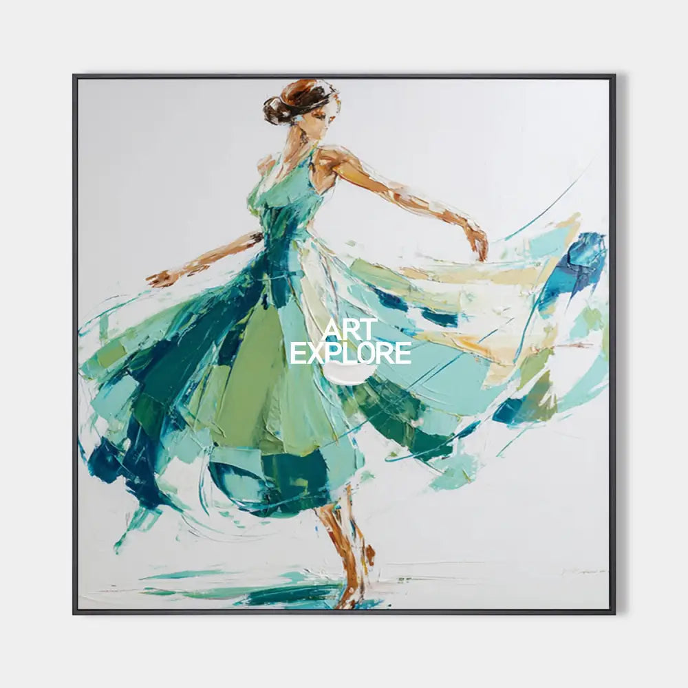 Original hand painted teal emerald dancer abstract oil painting canvas wall art, nordic scandinavian elegant luxury modern living room