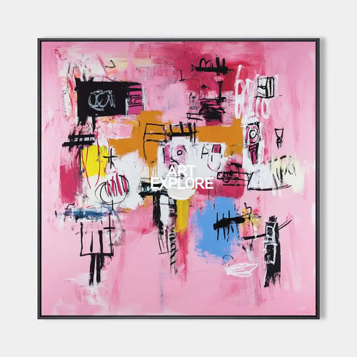 Original hand painted pink abstract oil painting canvas wall art, bold black scrawls gold blue accents, modern elegant luxury home deco