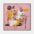 Original hand painted blush pink abstract oil painting canvas wall art, bold yellow graffiti strokes, luxury modern eclectic nordic hom