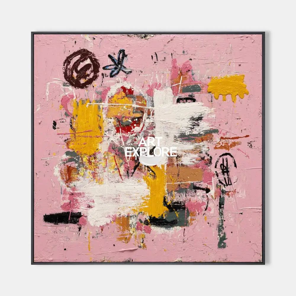 Original hand painted blush pink abstract oil painting canvas wall art, bold yellow graffiti strokes, luxury modern eclectic nordic hom