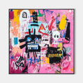 Original hand painted bold pink abstract oil painting canvas wall art, modern luxury graffiti skull figures eclectic contemporary home
